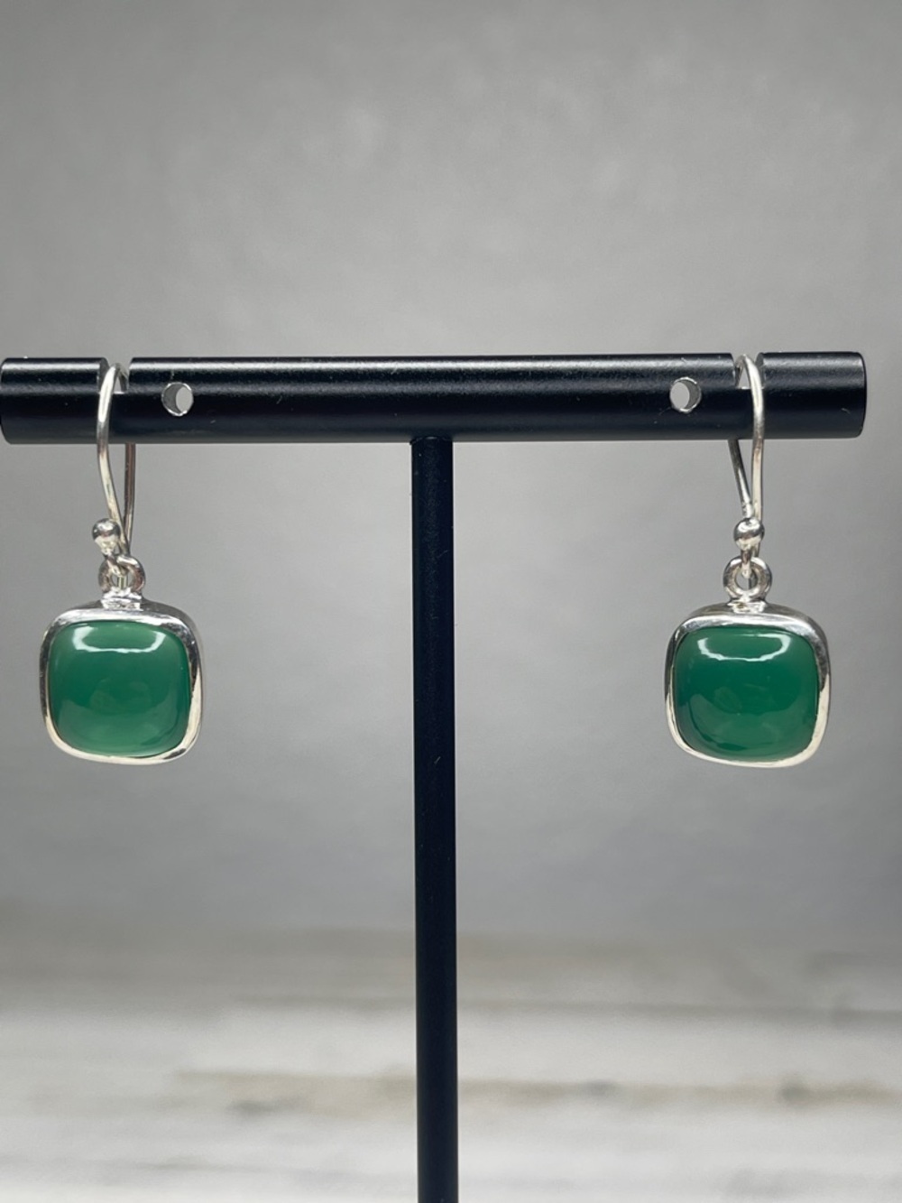 Sterling Silver Green Onyx Drop Earrings Square Gemstone 925